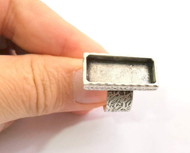 Silver Ring Blank Setting Cabochon Base inlay Ring Backs Mounting Adjustable Ring Base Bezel (25x10mm) Antique Silver Plated G18600