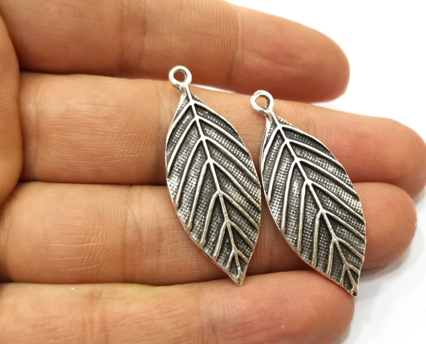 4 Silver Leaf Charms Antique Silver Plated Charms (41x16mm) G18071