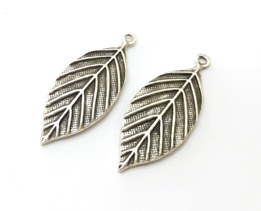 4 Silver Leaf Charms Antique Silver Plated Charms (41x16mm) G18071