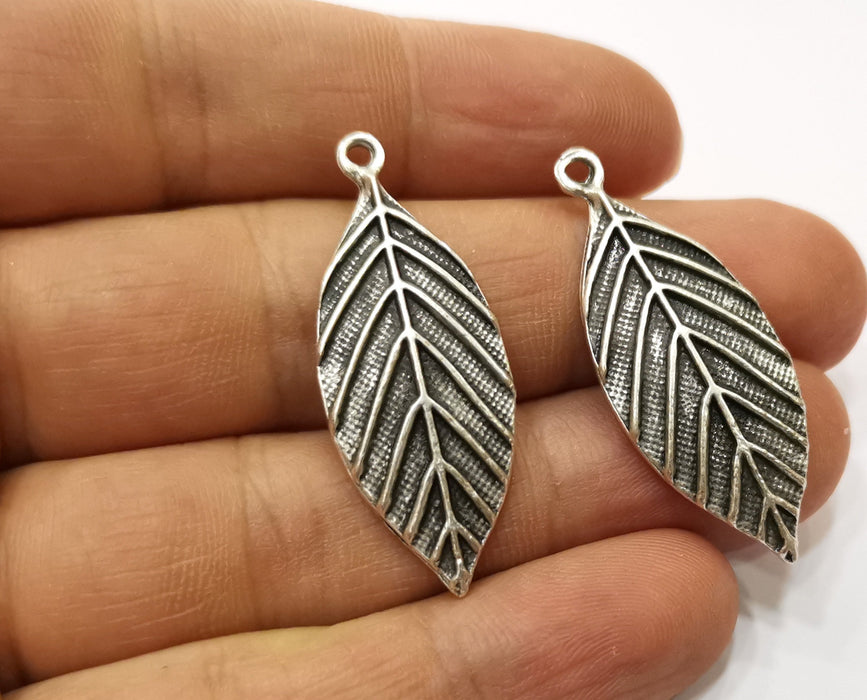 4 Silver Leaf Charms Antique Silver Plated Charms (41x16mm) G18071