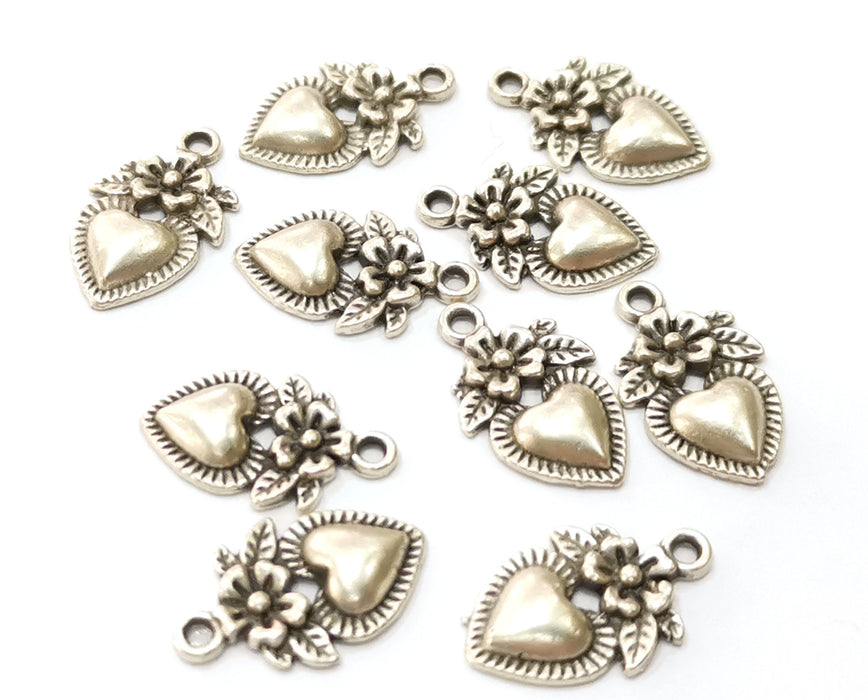 10 Silver Heart Flower Charms Antique Silver Plated Charms (18x11mm) G18073