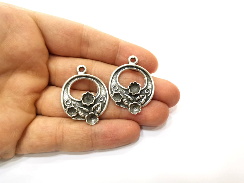 2 Silver Flower and Leaf Charms Antique Silver Plated Charms (35x27mm)  G18086