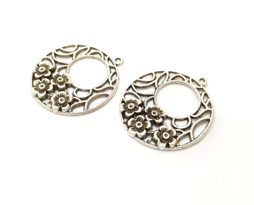 2 Flower Charms Antique Silver Plated Charms (38x34mm)  G18098