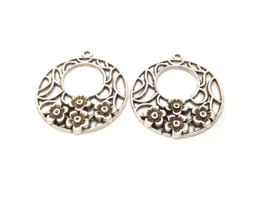 2 Flower Charms Antique Silver Plated Charms (38x34mm)  G18098