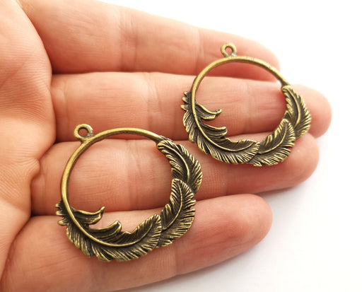 2 Feather Charms Antique Bronze Plated Charms (37mm)  G18616