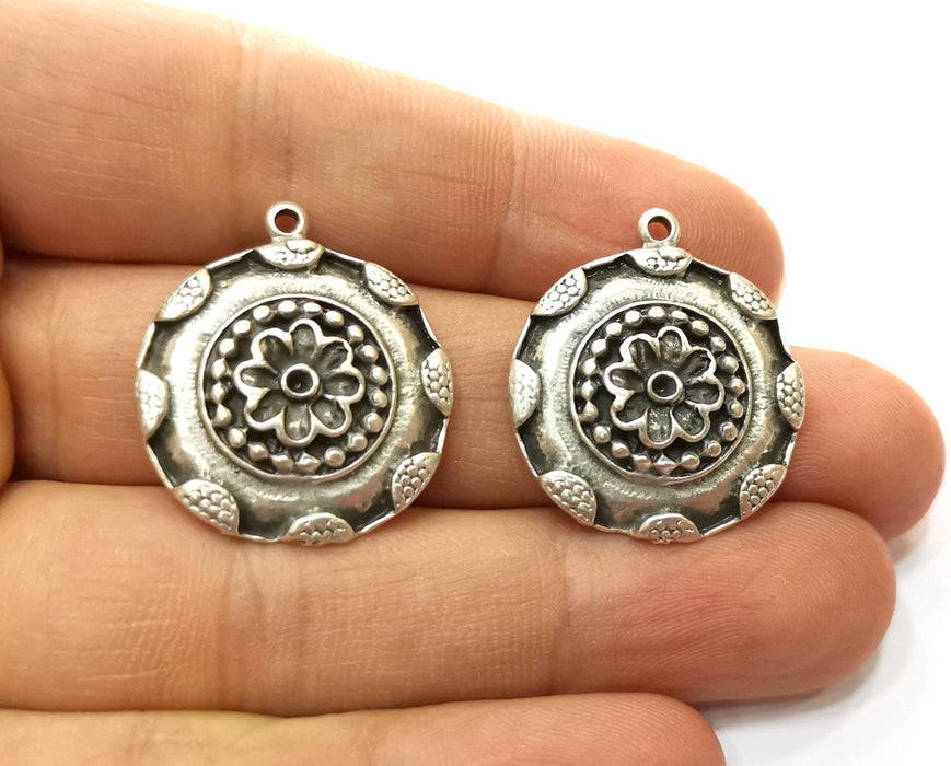 2 Flower Charms Antique Silver Plated Charms (24mm)  G18114