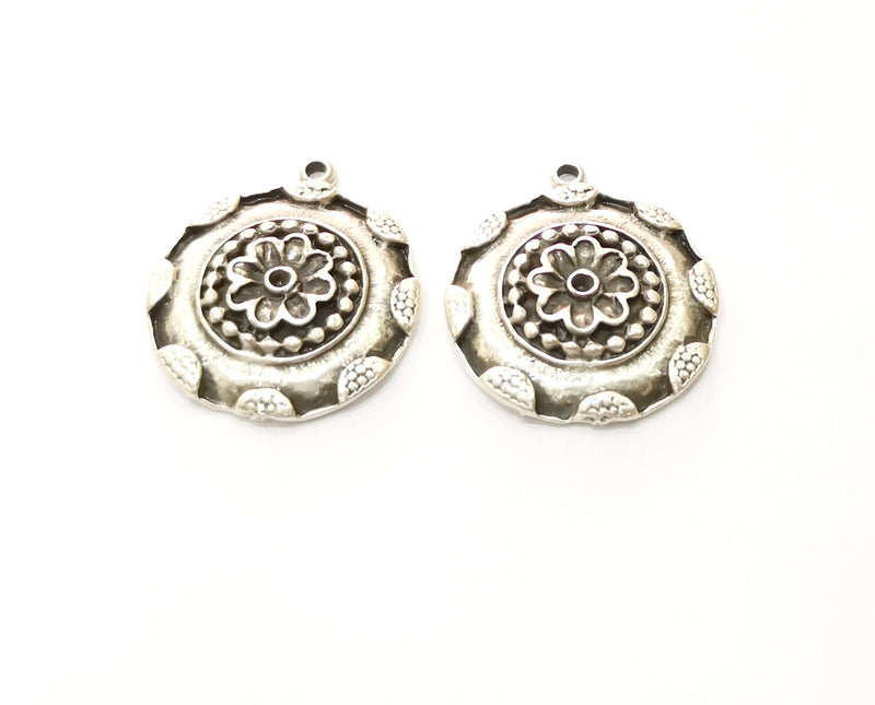 2 Flower Charms Antique Silver Plated Charms (24mm)  G18114