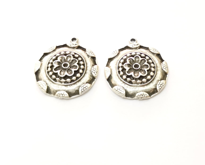 2 Flower Charms Antique Silver Plated Charms (24mm)  G18114