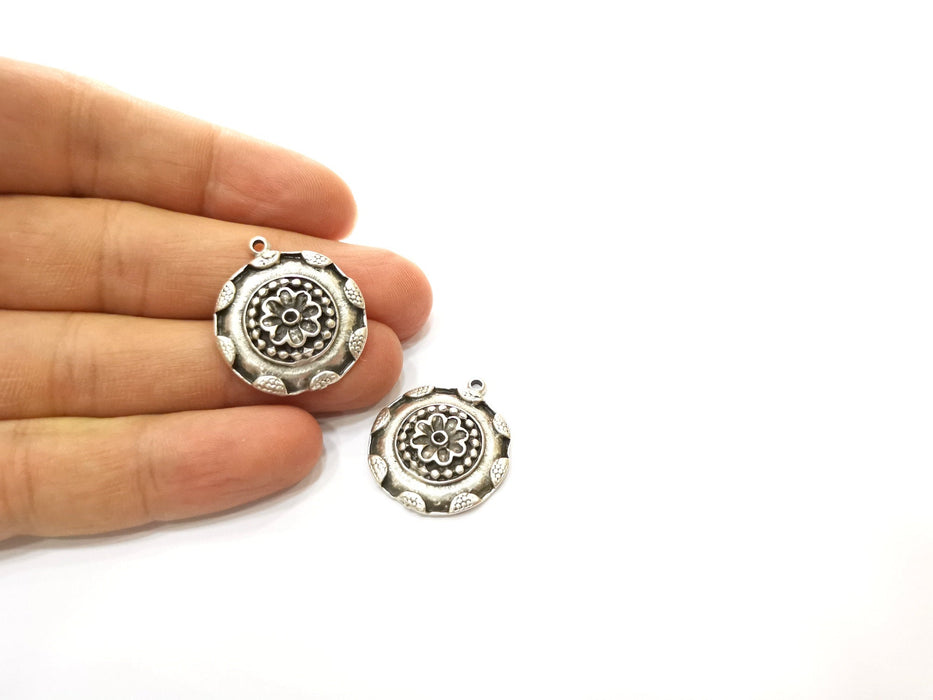 2 Flower Charms Antique Silver Plated Charms (24mm)  G18114