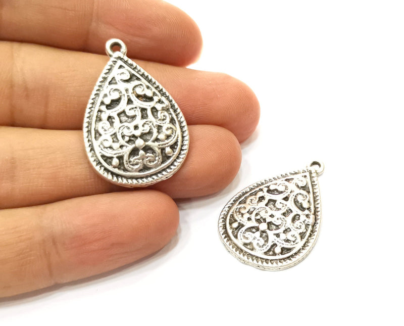 4 Teardrop Charms Antique Silver Plated Charms (33x22mm)  G18118