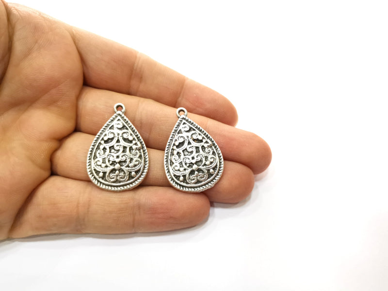 4 Teardrop Charms Antique Silver Plated Charms (33x22mm)  G18118