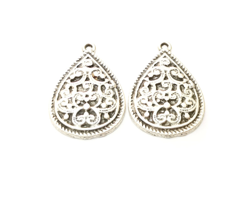4 Teardrop Charms Antique Silver Plated Charms (33x22mm)  G18118