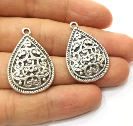 4 Teardrop Charms Antique Silver Plated Charms (33x22mm)  G18118