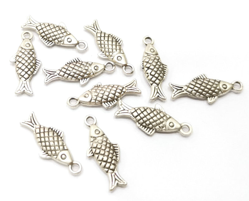 10 Fish (Double Sided) Charms Antique Silver Plated Charms (20x8mm)  G18125