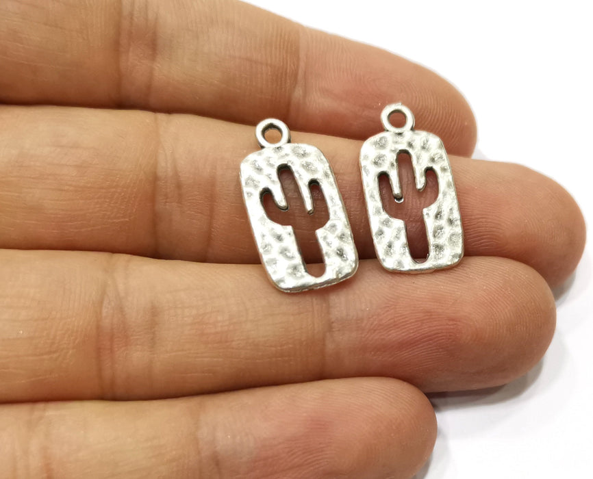 10 Hammered Cactus (Double Sided) Charms Antique Silver Plated Charms (23x12mm)  G18133