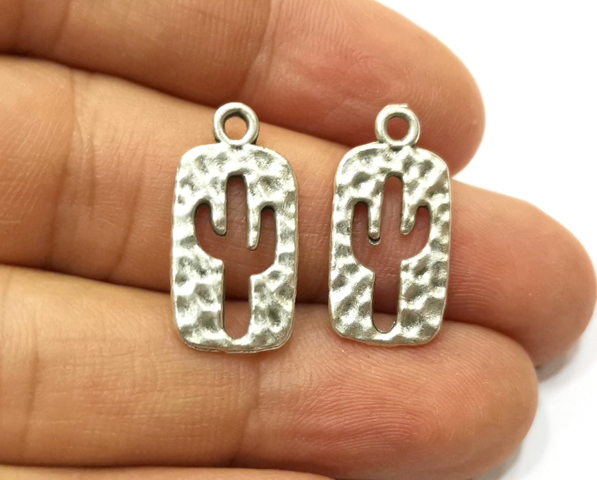 10 Hammered Cactus (Double Sided) Charms Antique Silver Plated Charms (23x12mm)  G18133