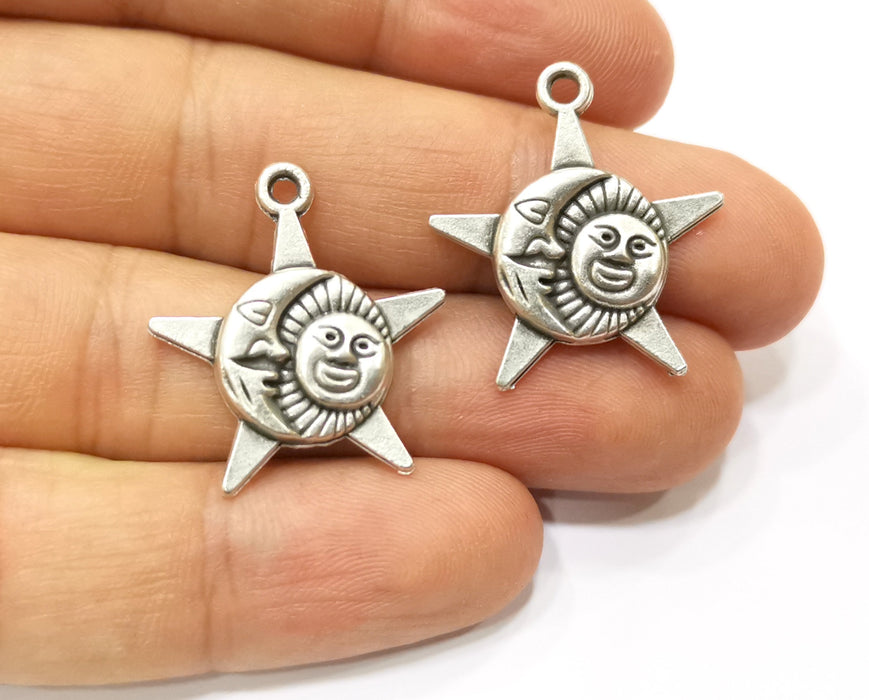 5 Sun,Moon and Star Charms Antique Silver Plated Charms (27x24mm)  G18149