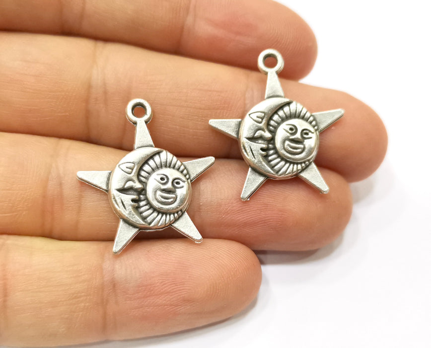 5 Sun,Moon and Star Charms Antique Silver Plated Charms (27x24mm)  G18149