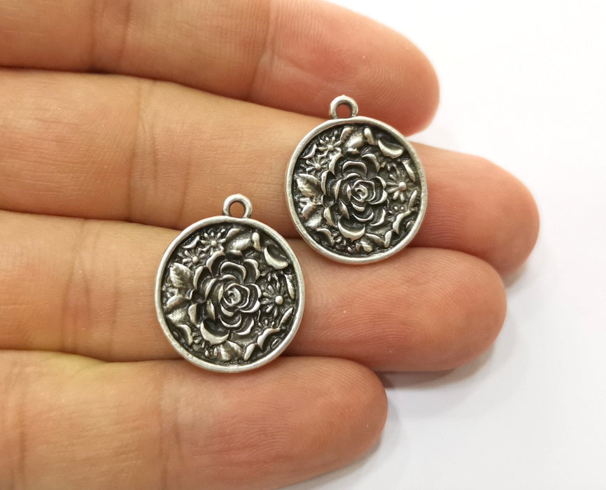 4 Flower Charms Antique Silver Plated Charms (21x18mm)  G18656