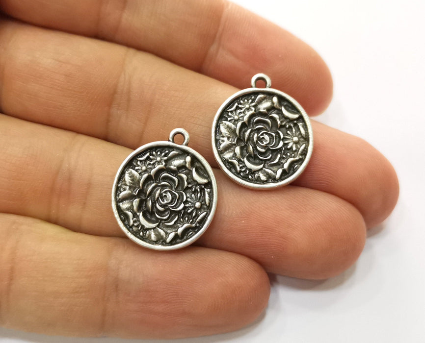 180 Flower Charms Antique Silver Plated Charms (21x18mm)  G18656