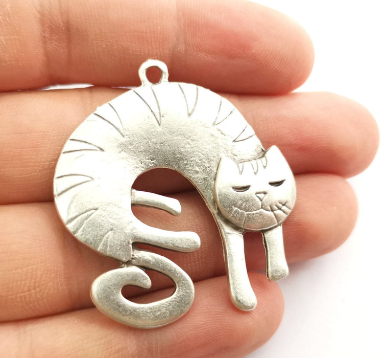 2 Cat Charms Antique Silver Plated Charms (45x42mm)  G18318