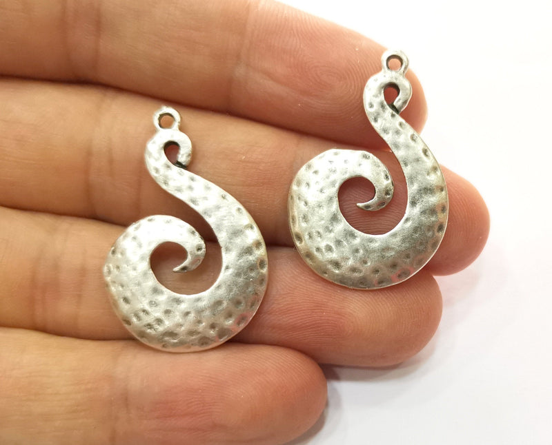 2 Silver Hammered Charms Antique Silver Plated Charms (34x22mm)  G18666