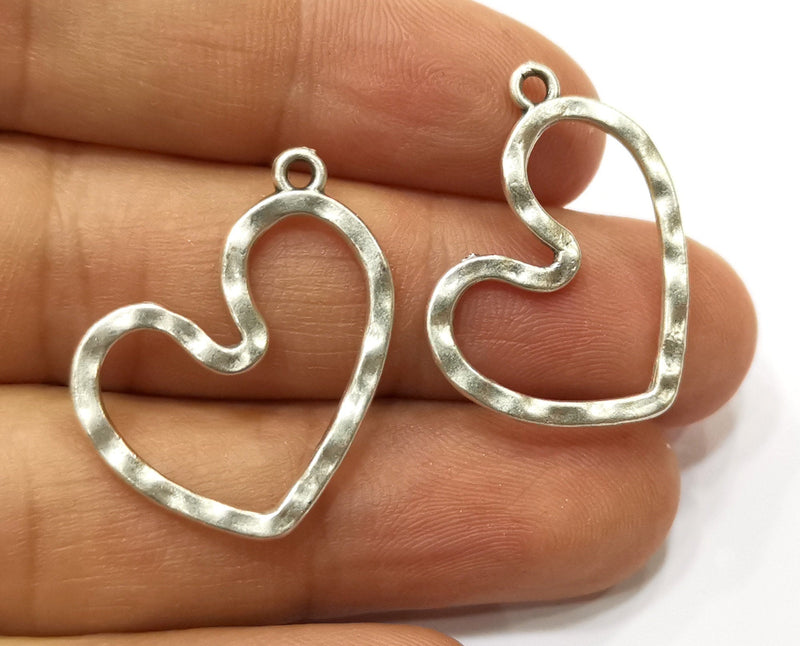 10 Silver Hammered Heart Charms Antique Silver Plated Charms (25x26mm)  G18163