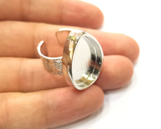 Silver Ring Blank Base Bezel Settings Shiny Silver Cabochon Base Mountings Adjustable Resin Ring (25x18mm Blank)  G18698