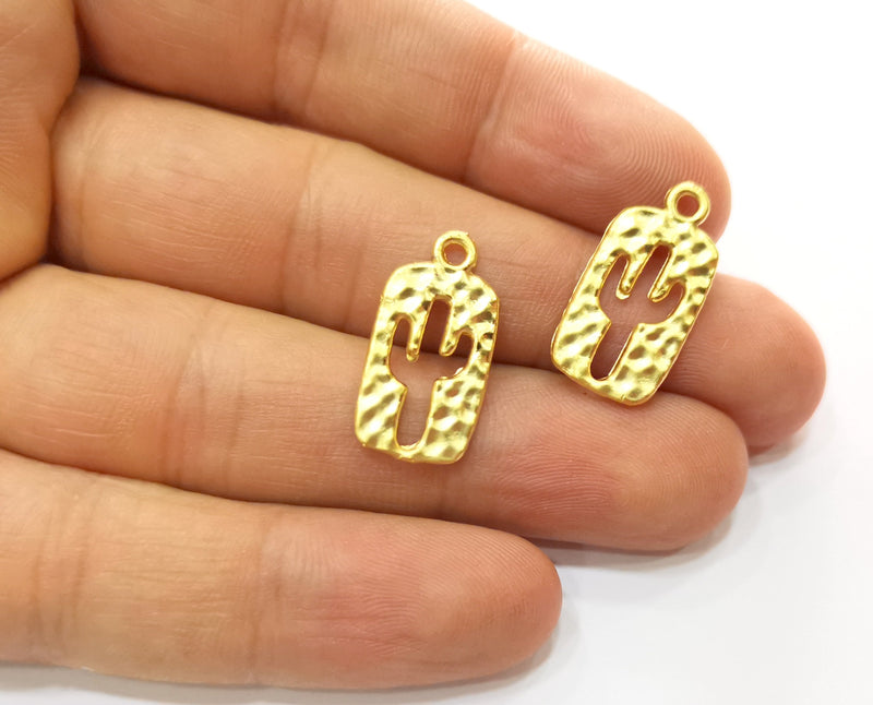 8 Hammered Cactus (Double Sided) Charms Gold Plated Charms (23x12mm)  G18212