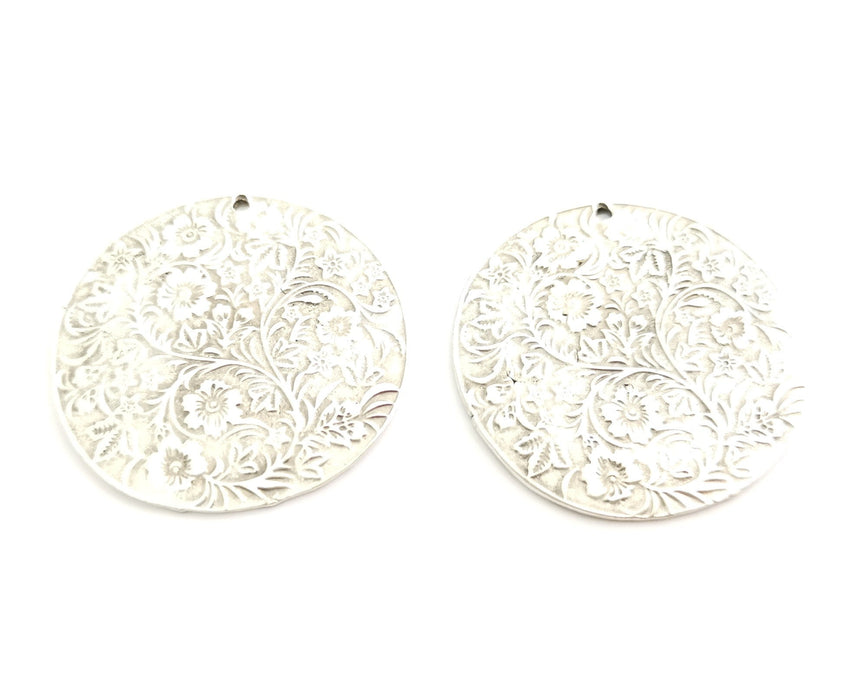 2 Silver Flowers Charms Antique Silver Plated Charms (42mm) G18309