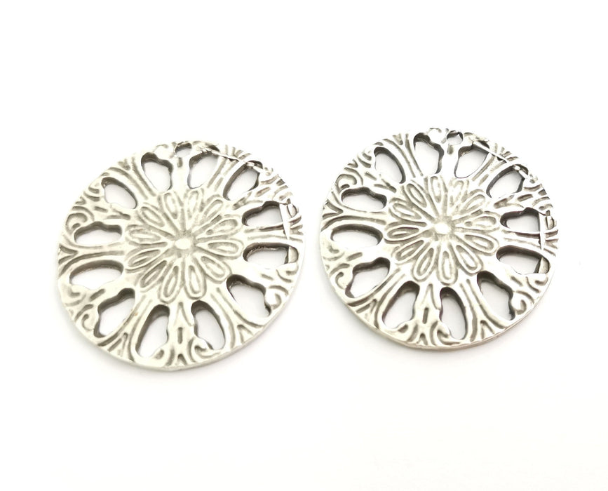 2 Silver Flower Charms Antique Silver Plated Charms (37mm) G18321