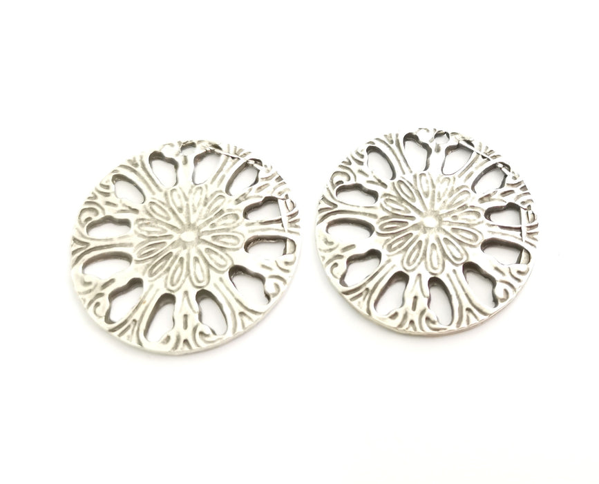 2 Silver Flower Charms Antique Silver Plated Charms (37mm) G18321