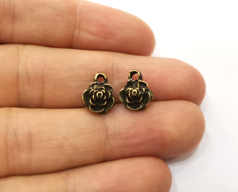 10 Rose Flower Charms Antique Bronze Plated Charms Double sided (Both Side Same) (11x9mm)  G18800