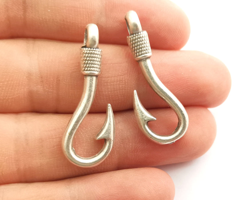 4 Silver Hook Charms Antique Silver Plated Charms (36x13mm) G18322