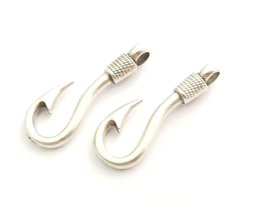 4 Silver Hook Charms Antique Silver Plated Charms (36x13mm) G18322