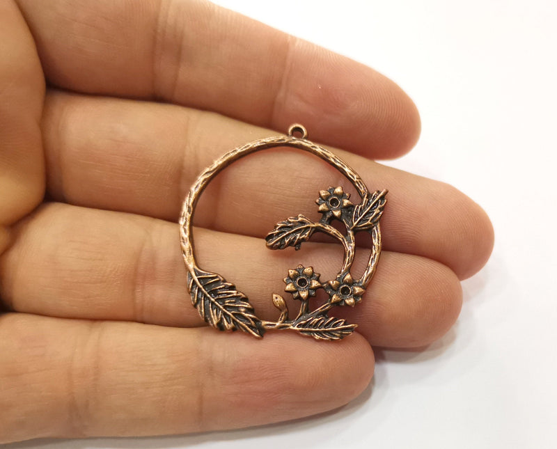 2 Copper Flower and Leaf Charms Antique Copper Plated Charms (38x34mm)  G18864
