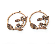 2 Copper Flower and Leaf Charms Antique Copper Plated Charms (38x34mm)  G18864