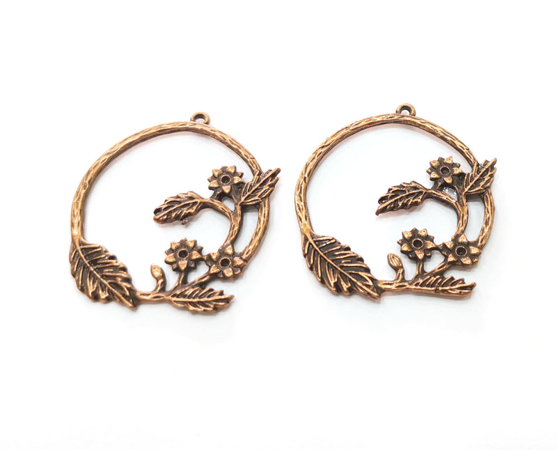 2 Copper Flower and Leaf Charms Antique Copper Plated Charms (38x34mm)  G18864