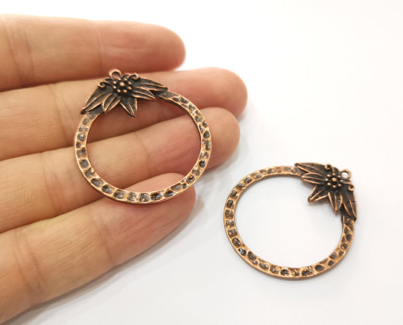2 Flower Hammered Circle Charms Antique Copper Plated Charms (41x36mm)  G18881