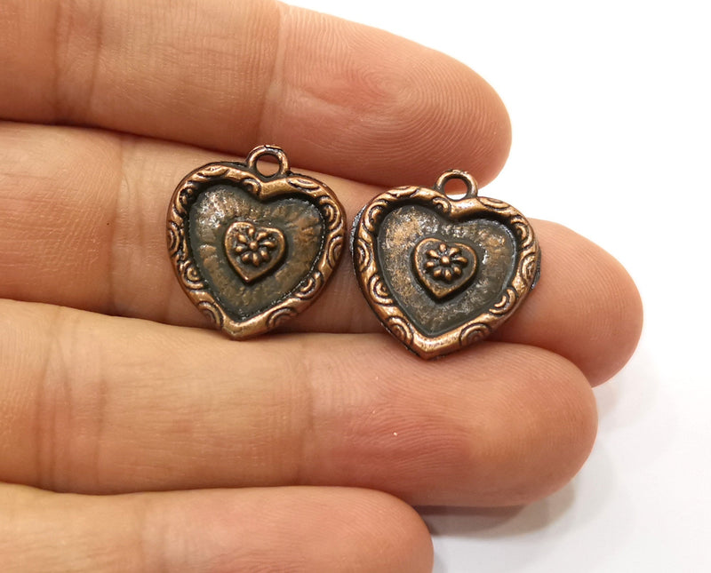 6 Heart Flower Charms Antique Copper Plated Charms (20x18mm)  G18906