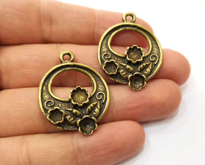 2 Antique Bronze Flower and Leaf Charms Antique Bronze Plated Charms (35x27mm)  G18924