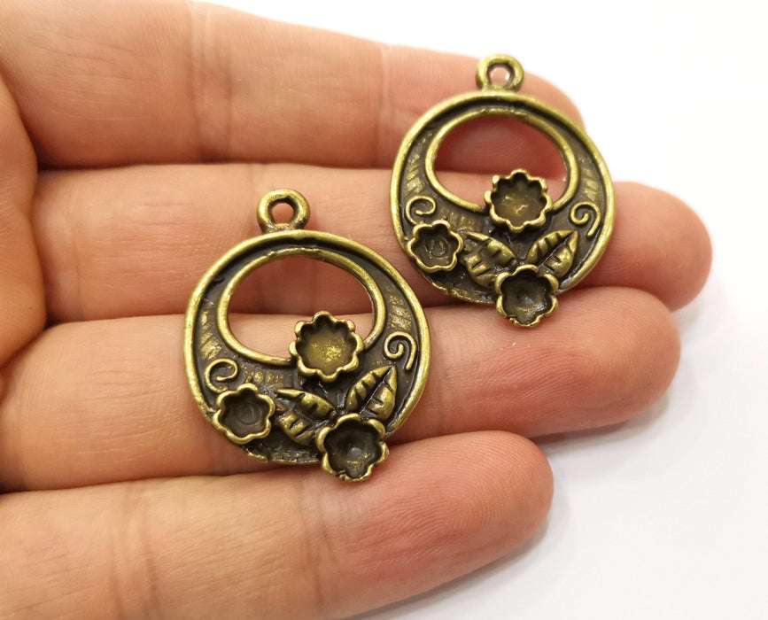 2 Antique Bronze Flower and Leaf Charms Antique Bronze Plated Charms (35x27mm)  G18924