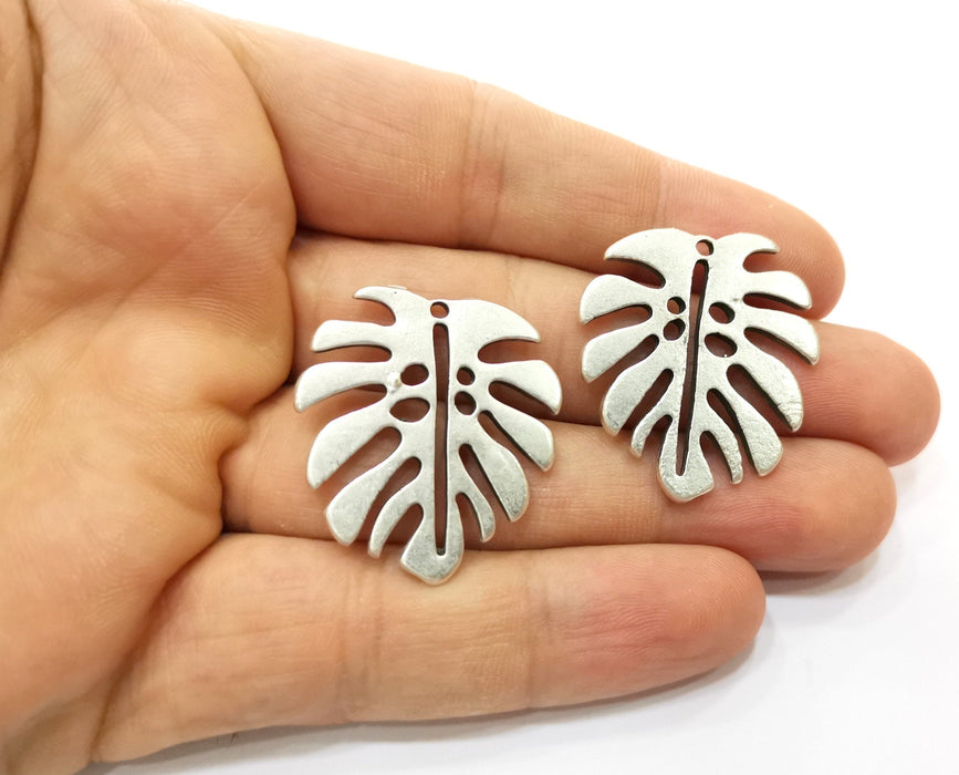 2 Monstera Leaf Charms Antique Silver Plated Charms (33x29mm)  G18431