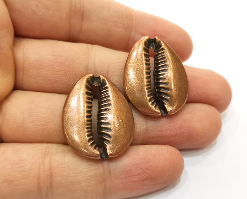 2 Large Cowrie Shell Copper Charms Antique Copper Plated Charms  (29x24mm)  G18453