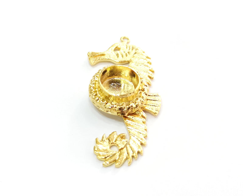 Gold Pendant Blank Seahorse Base inlay Blank Necklace Blank Resin Blank Mountings Gold Plated Brass ( 10mm blank ) G19068