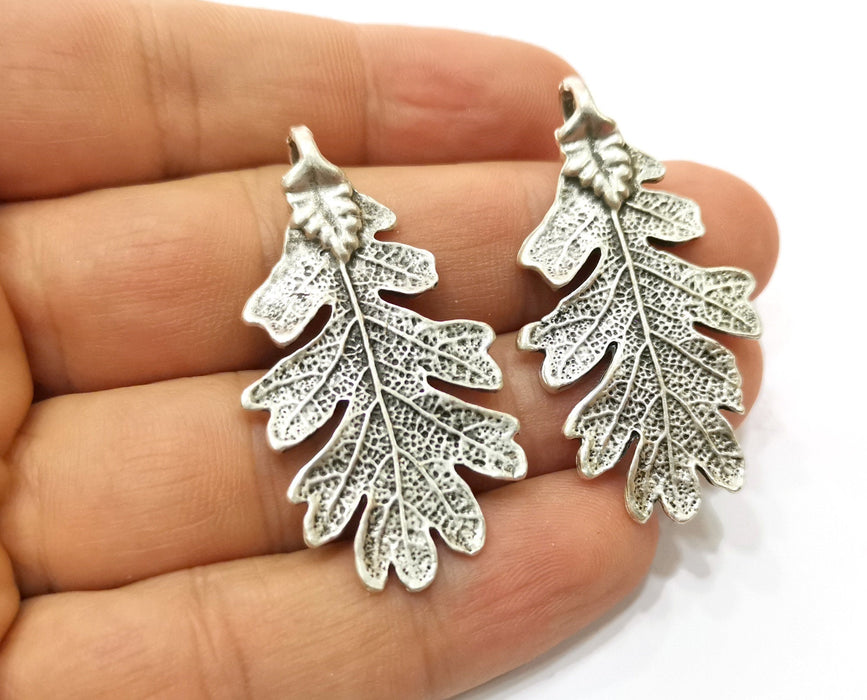 2 Silver Leaf Charms Double sided Antique Silver Plated Charms (47x26mm) G19075