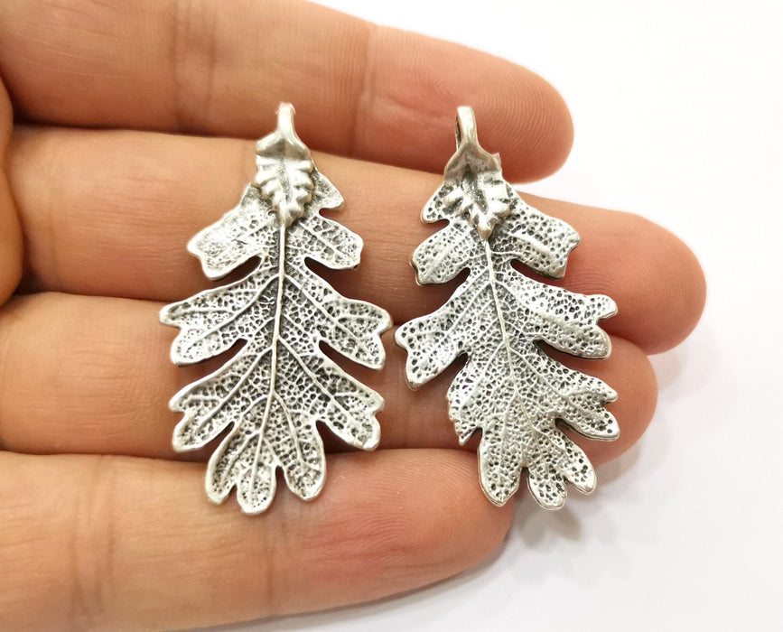 2 Silver Leaf Charms Double sided Antique Silver Plated Charms (47x26mm) G19075