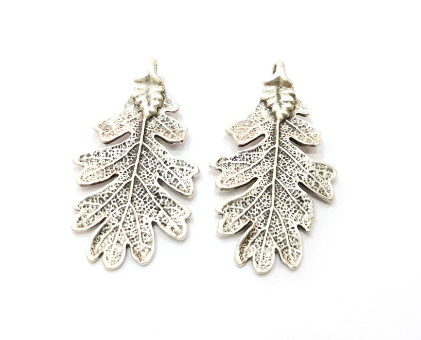 2 Silver Leaf Charms Double sided Antique Silver Plated Charms (47x26mm) G19075