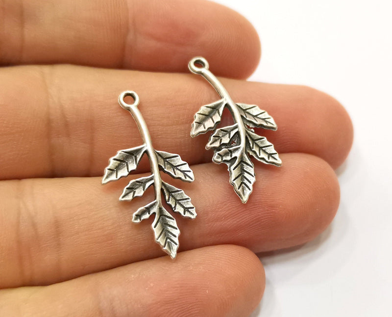 10 Silver Leaf Branch Charms Antique Silver Plated Charms (29x15mm) G19077