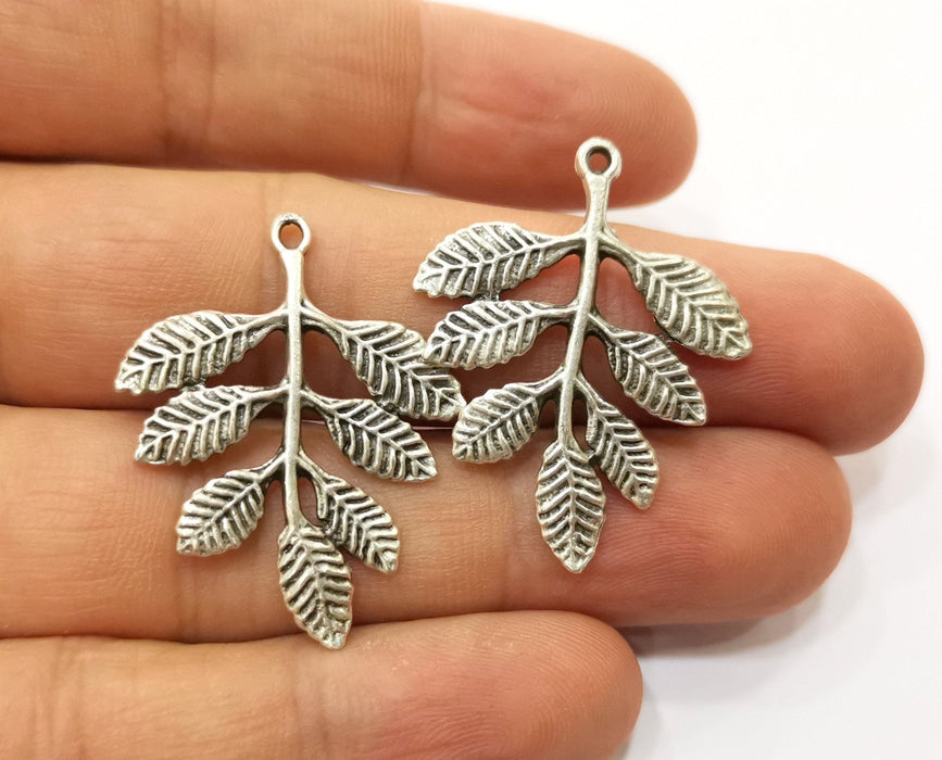 4 Silver Leaf Branch Charms Antique Silver Plated Charms (35x28mm) G19086